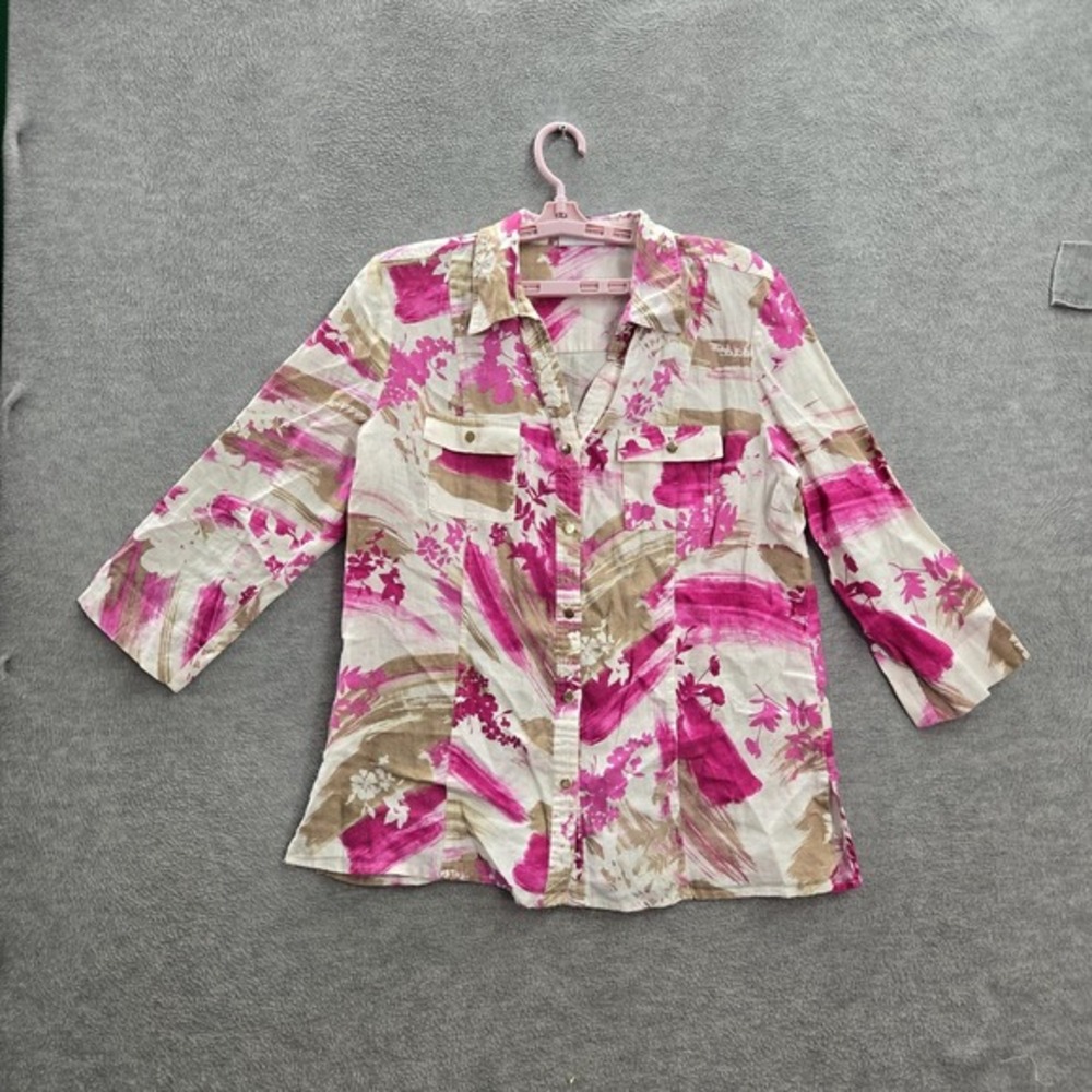 JM Collection Women Button Up Shirt 12 Pink 100% Linen Floral Collar 3/4 Sleeve